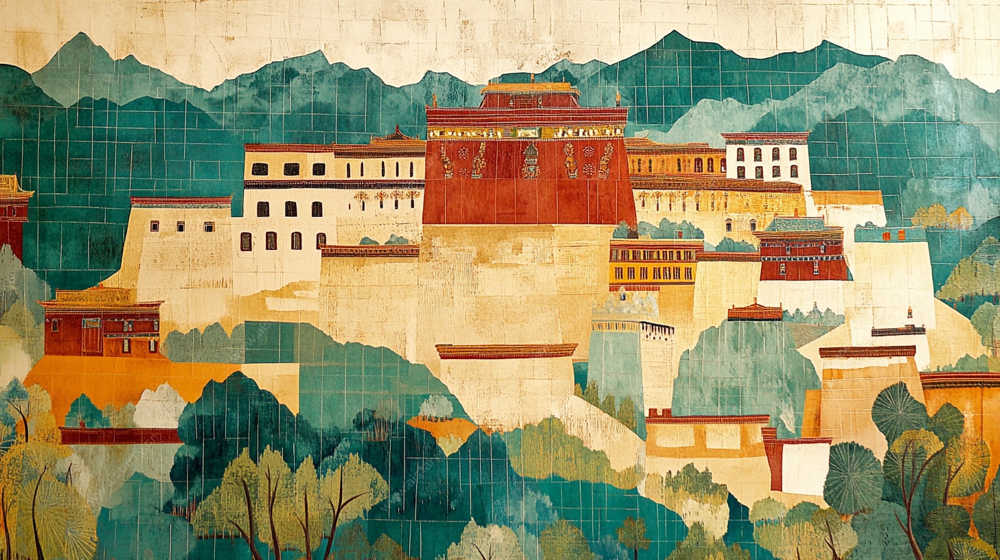 手绘风格布达拉宫风景画