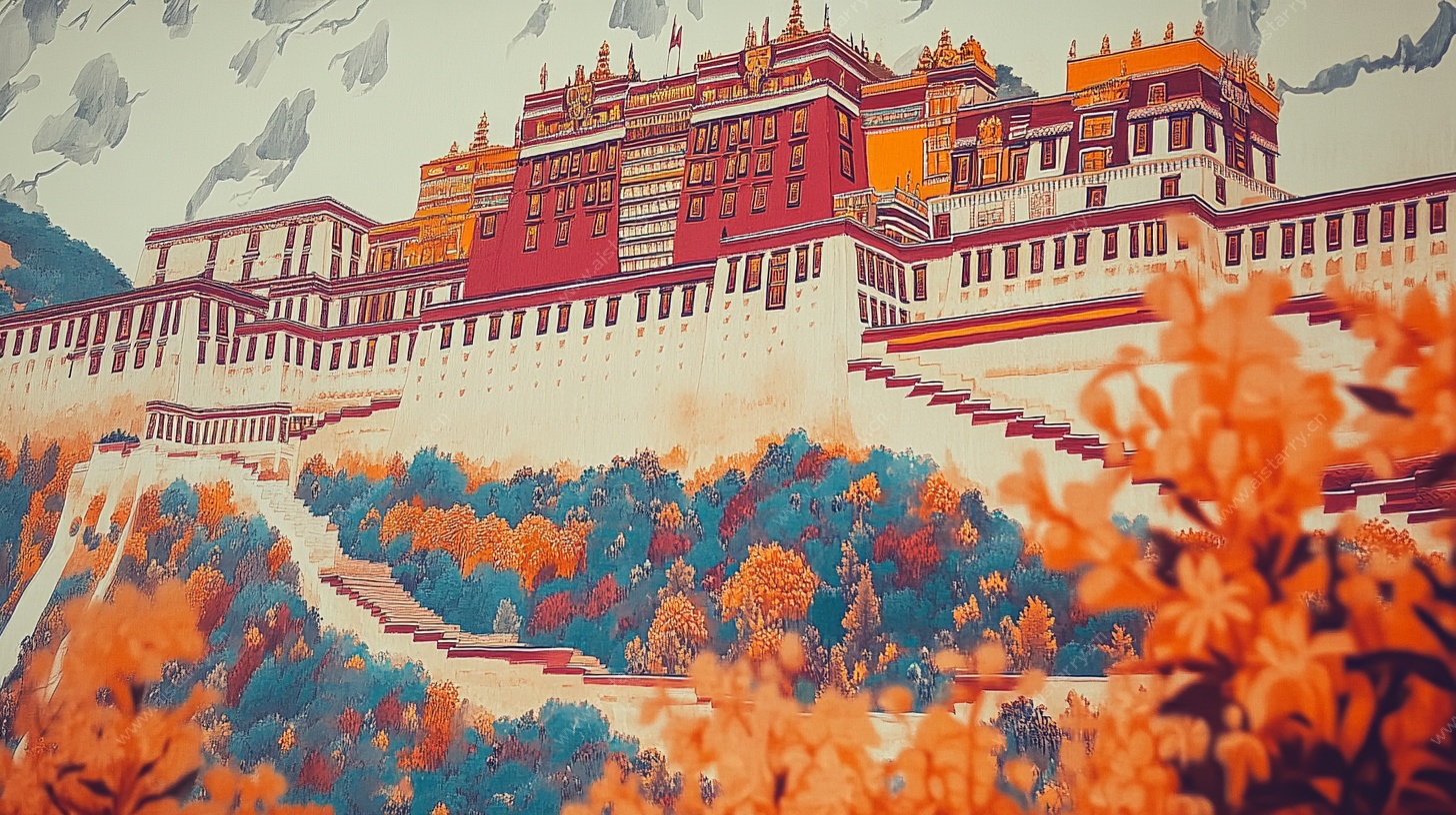 手绘风布达拉宫风景图