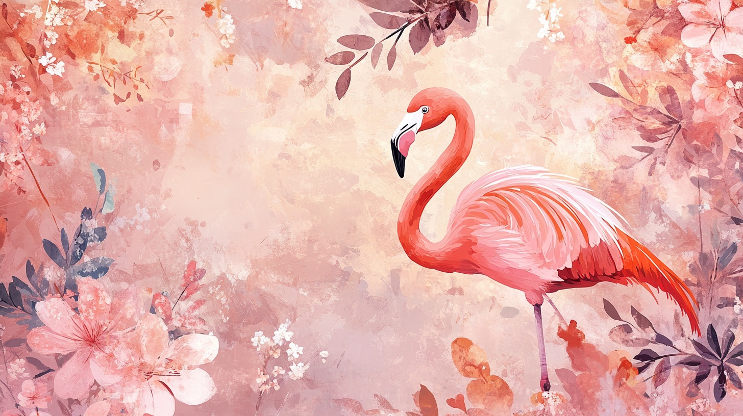 火烈鸟置身梦幻花卉背景