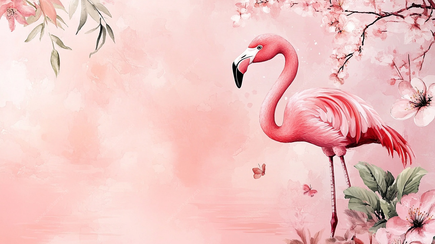 粉色火烈鸟与烂漫花卉背景