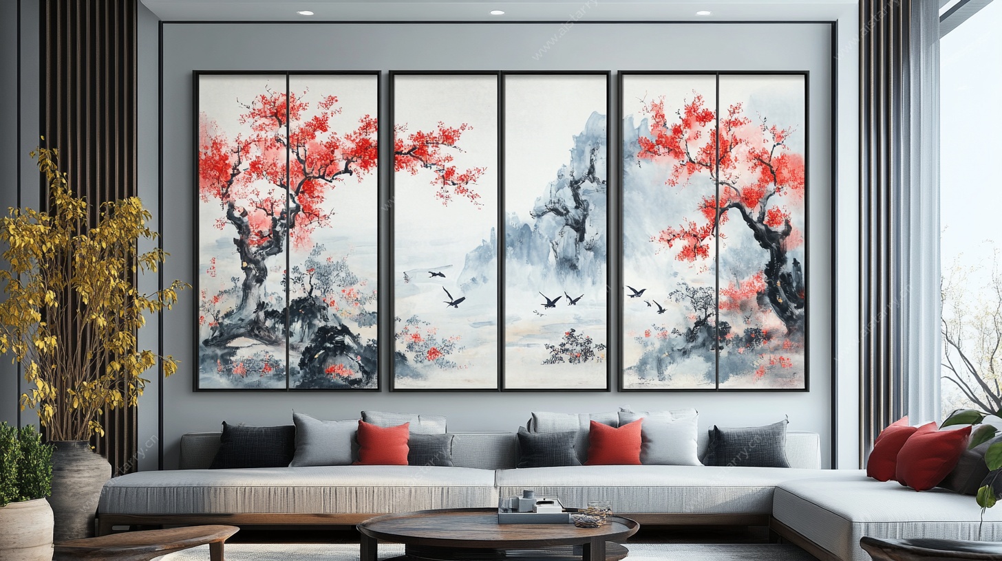 中式客厅三联水墨花鸟挂画