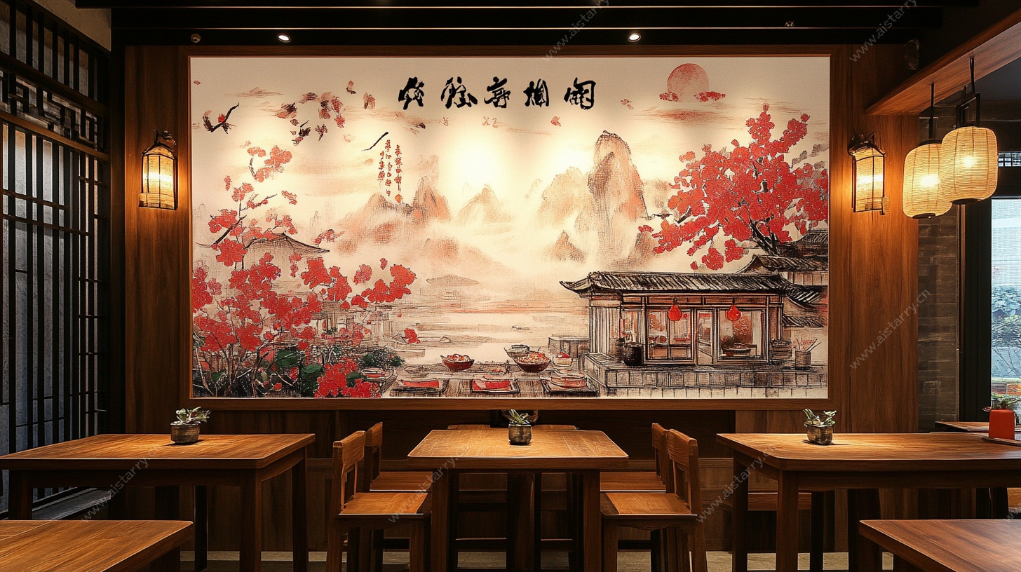 中式餐厅的诗意山水壁画