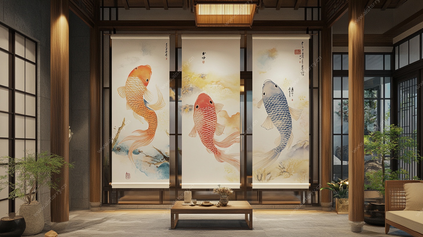 中式客厅锦鲤挂画装饰