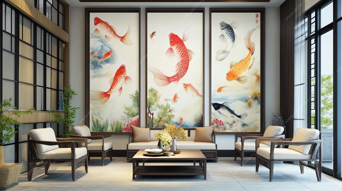 中式客厅锦鲤壁画装饰图