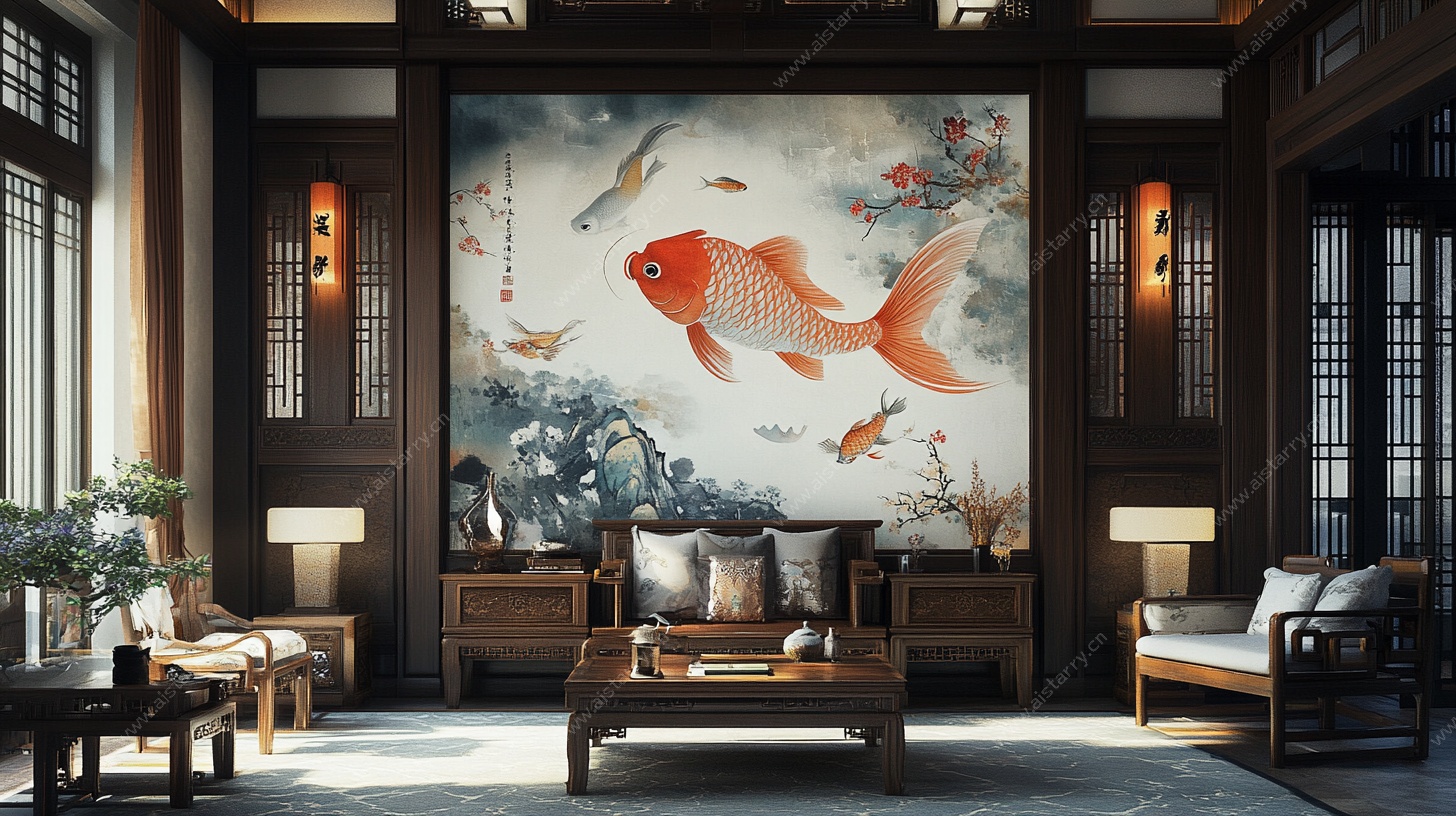 中式客厅 巨幅锦鲤壁画