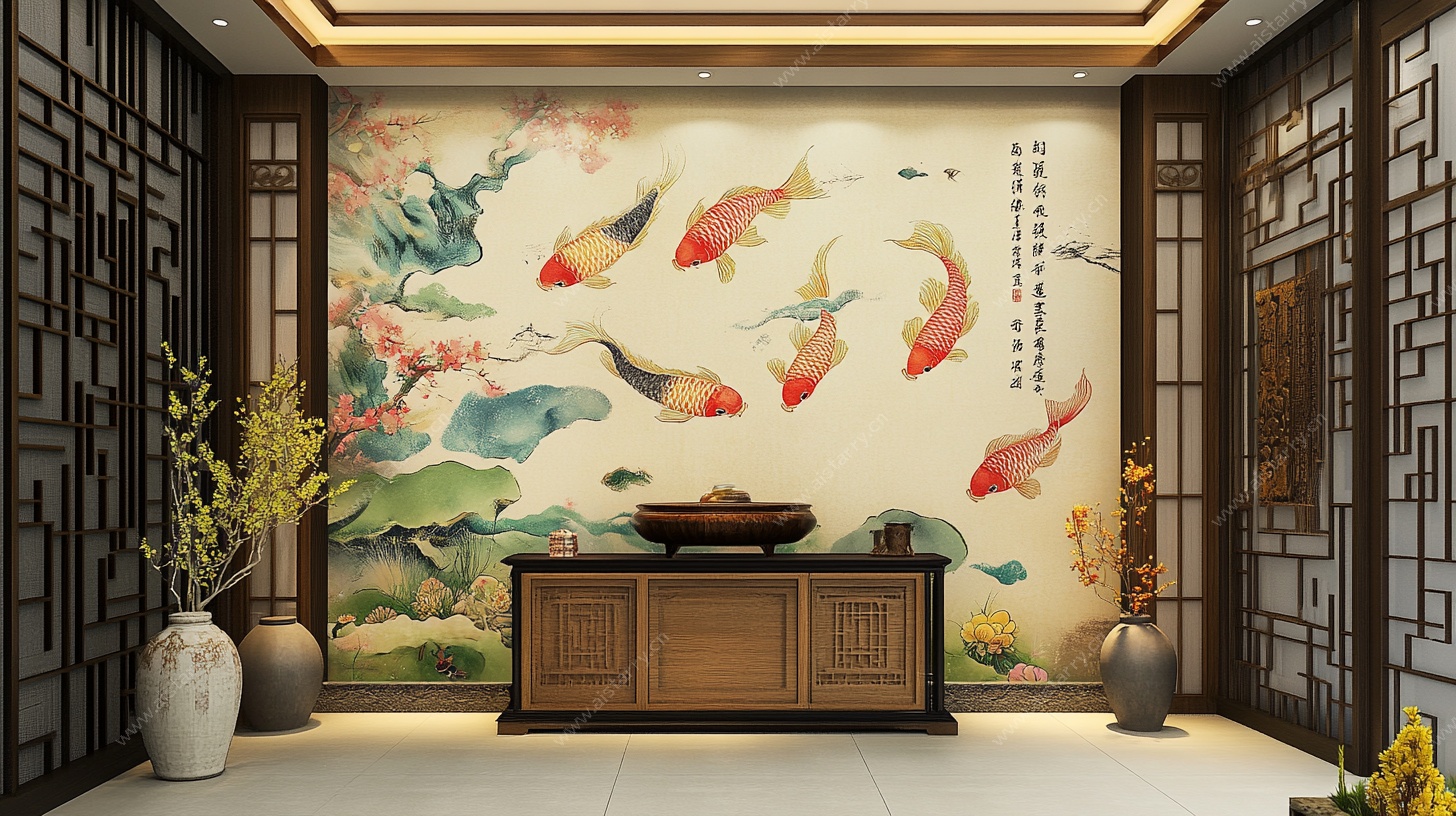 中式客厅九鱼图背景墙