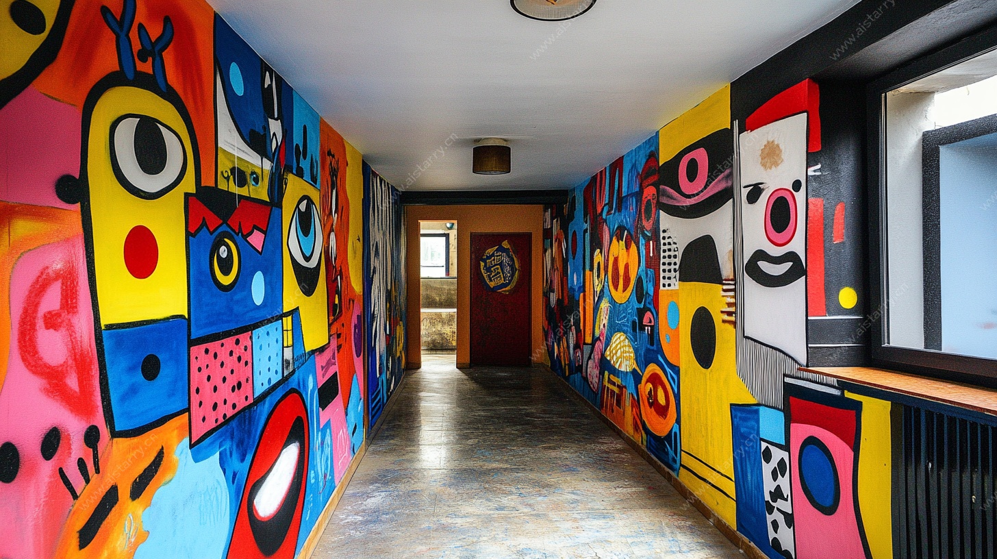 彩色涂鸦风走廊墙面艺术