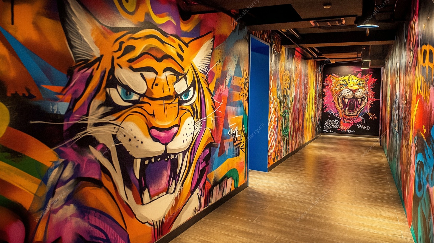 走廊中的老虎主题涂鸦墙