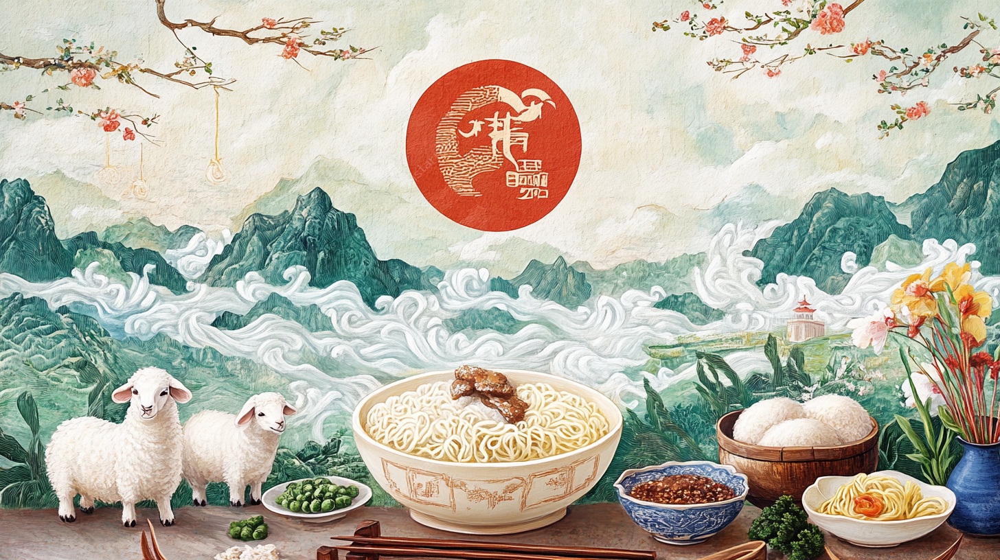 中式羊年美食国风插画