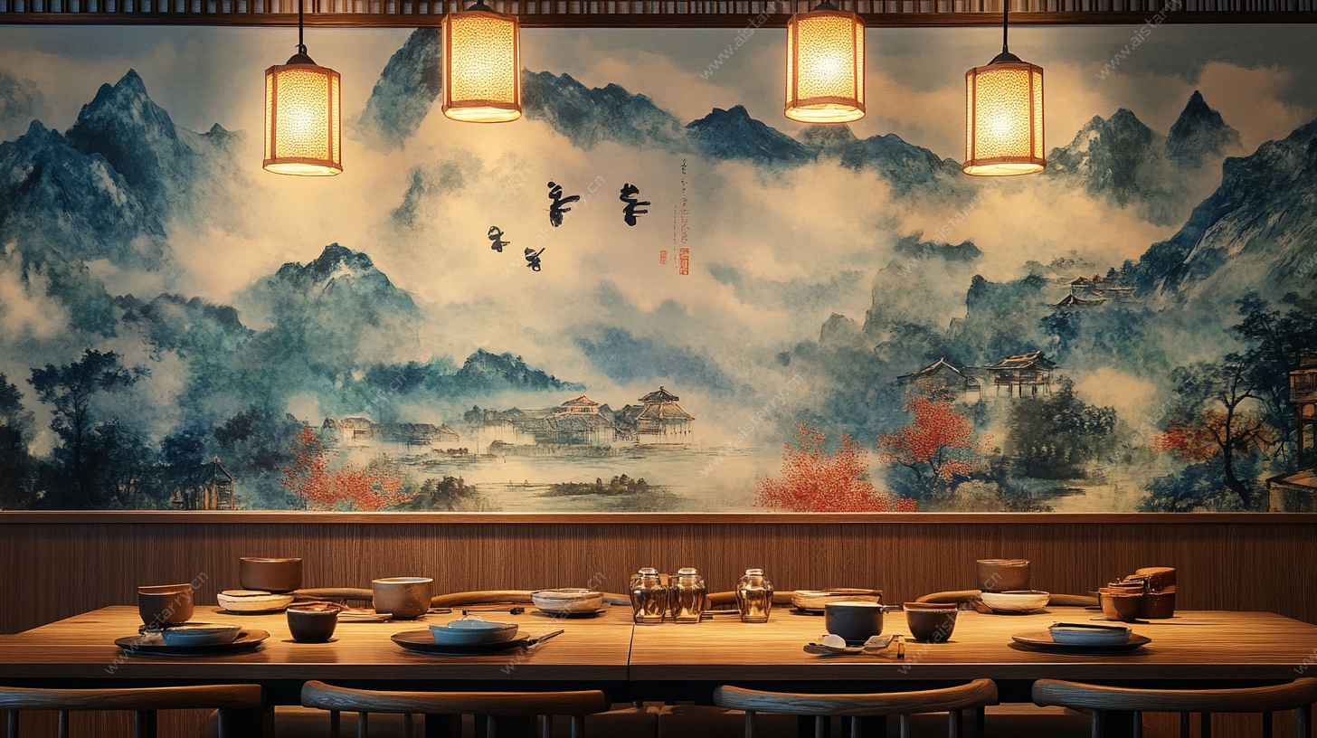中式山水餐厅装饰壁画