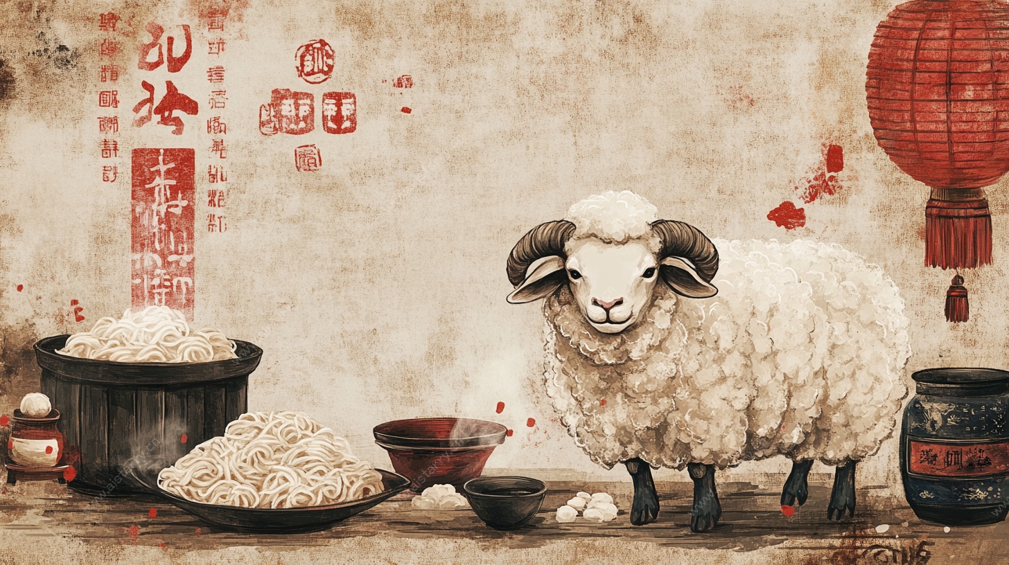 羊年新春传统场景插画