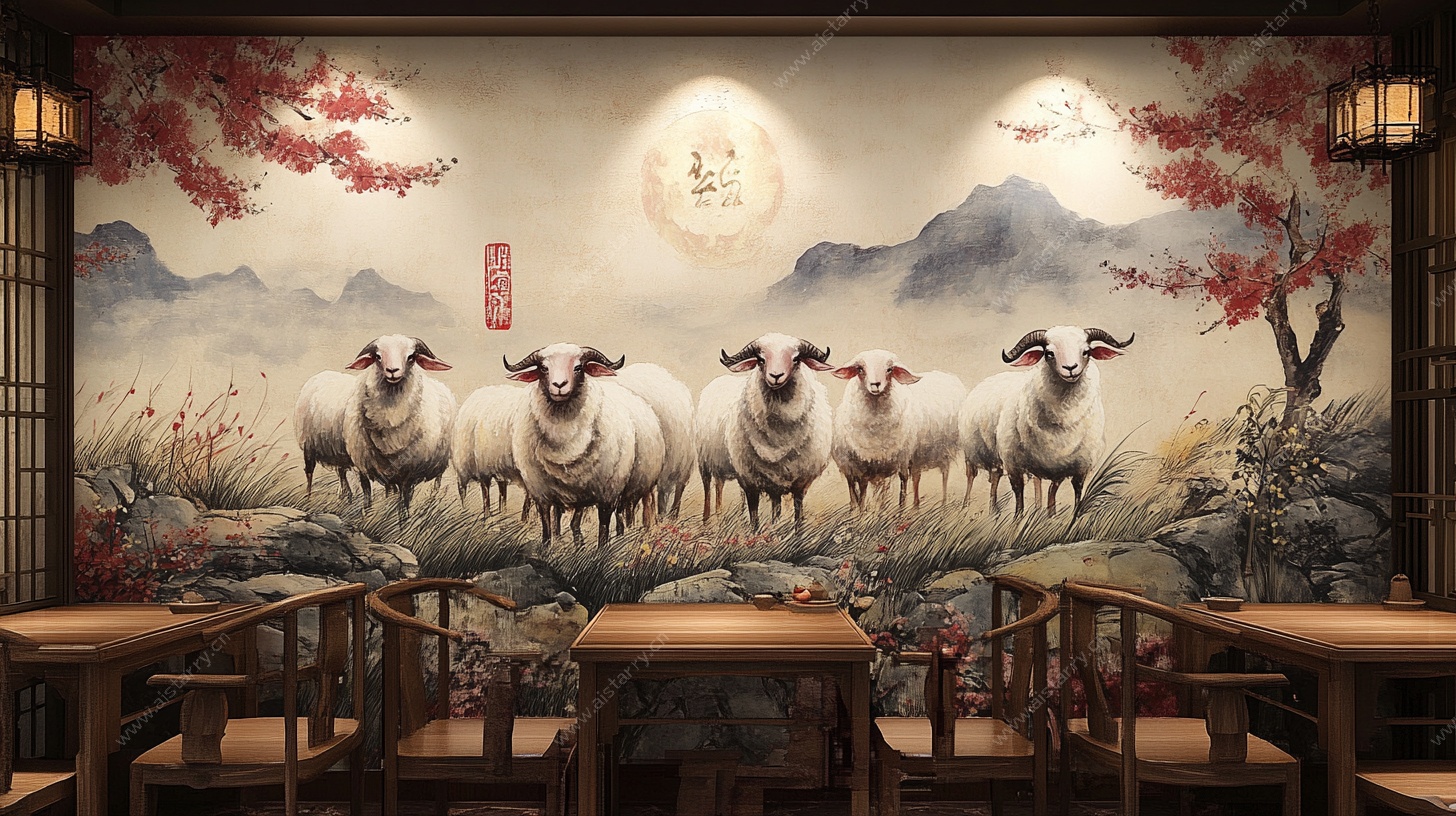 中式餐厅五羊图壁画