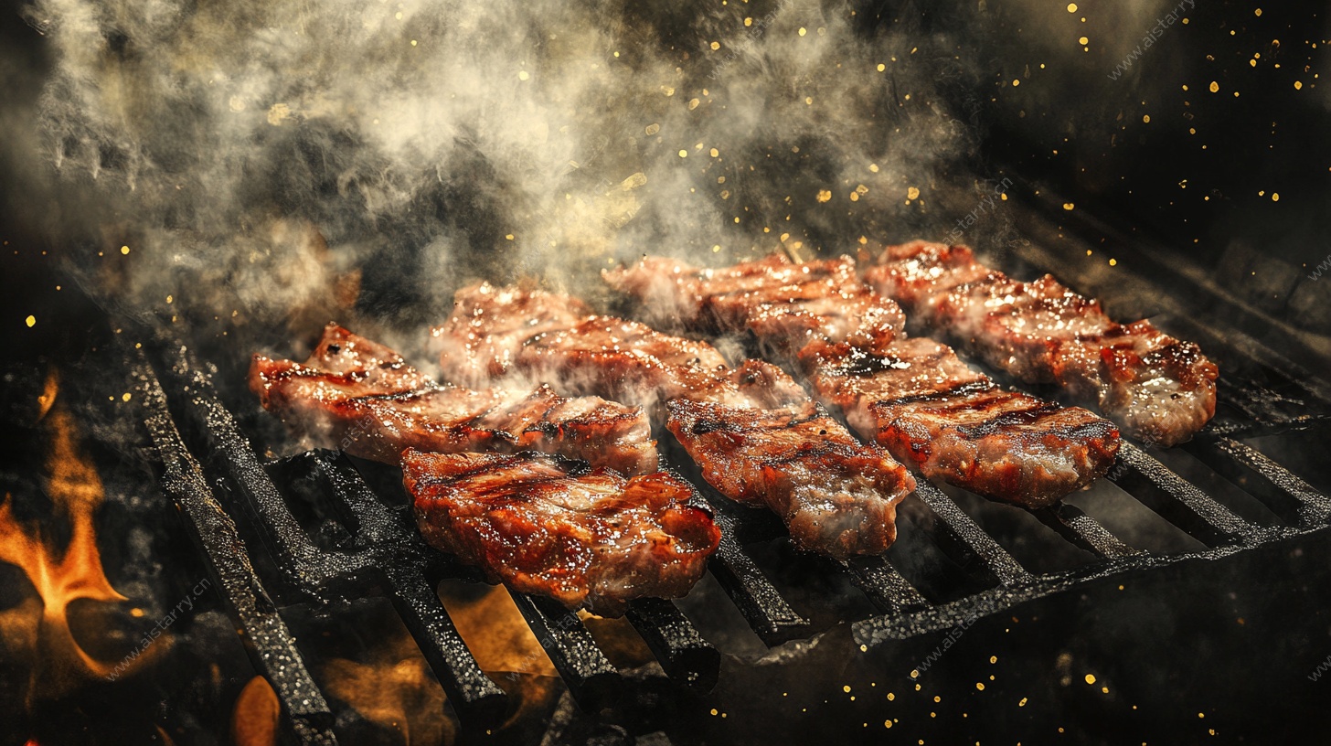 烤肉在烤架上滋滋冒热气