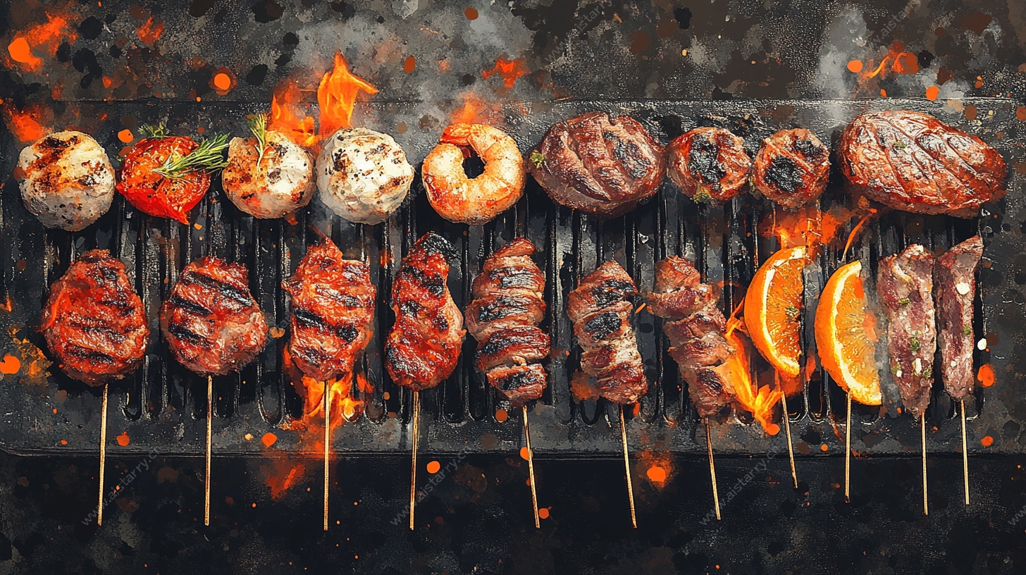 烧烤盛宴 多样烤肉与蔬果串