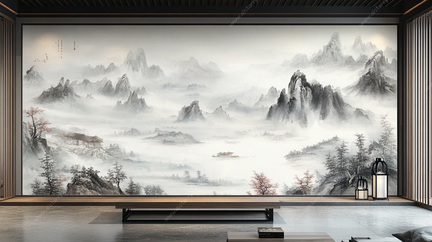 中式水墨山水客厅背景墙