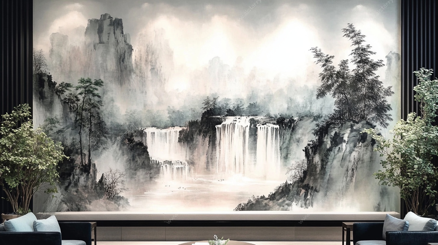 中式山水瀑布客厅壁画