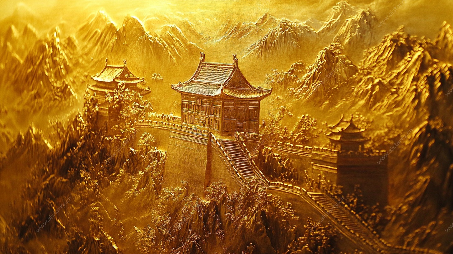 金色山峦中的中式古建筑