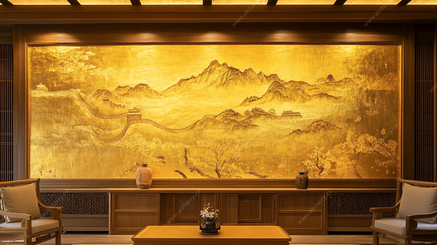 中式客厅的山水金壁画