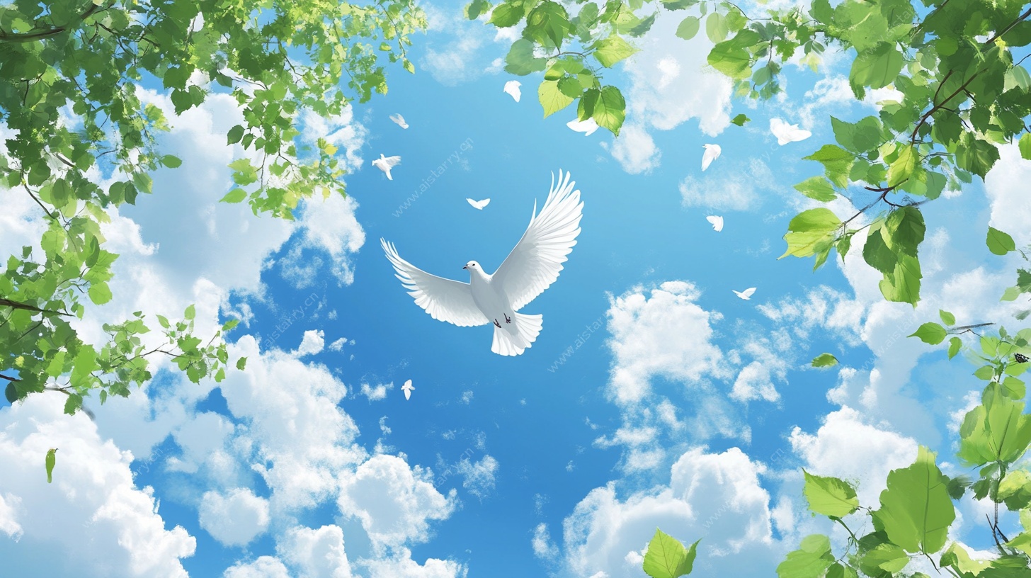 蓝天白鸽绿树清新风景