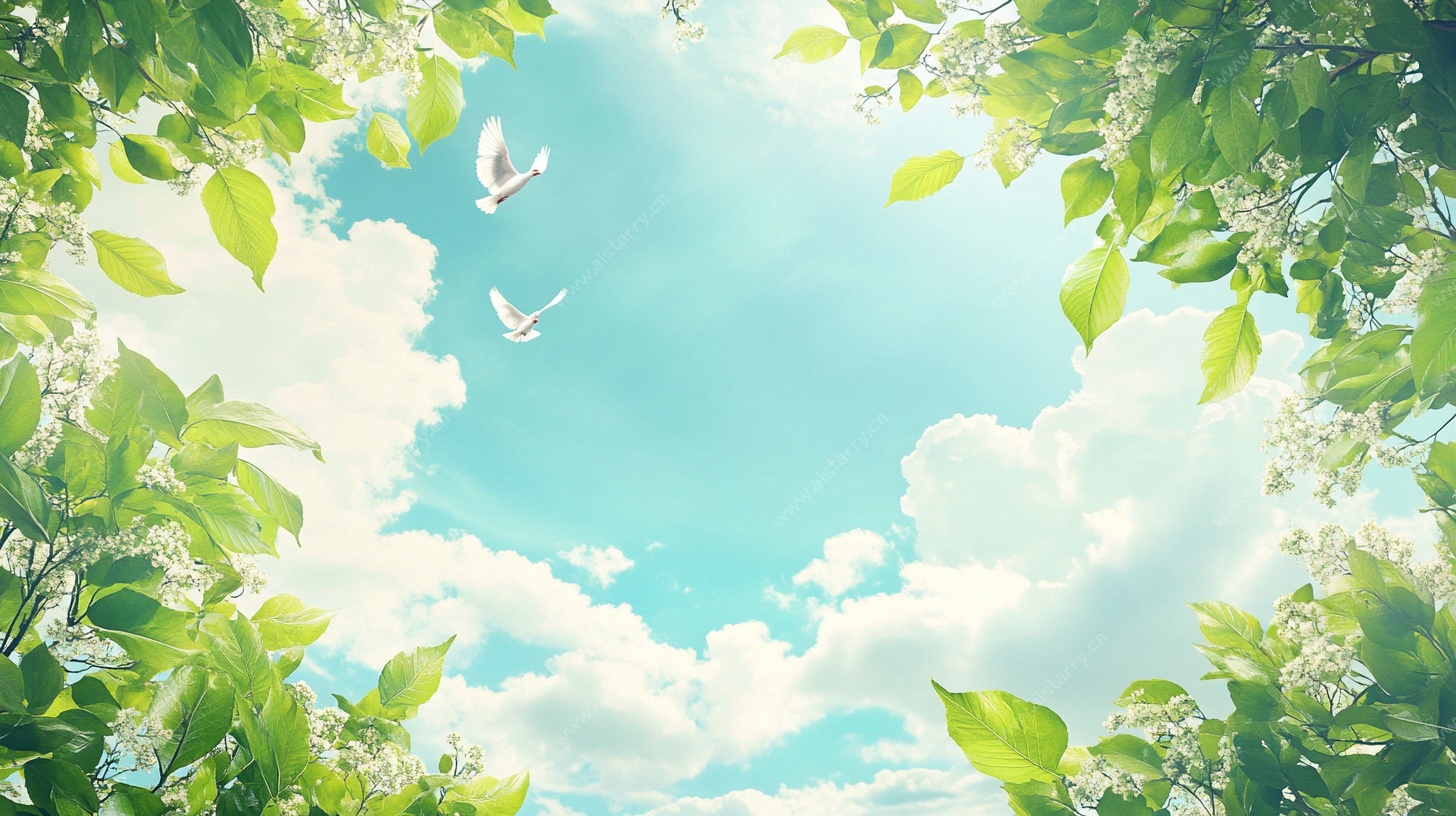 绿叶环绕的蓝天飞鸟景象