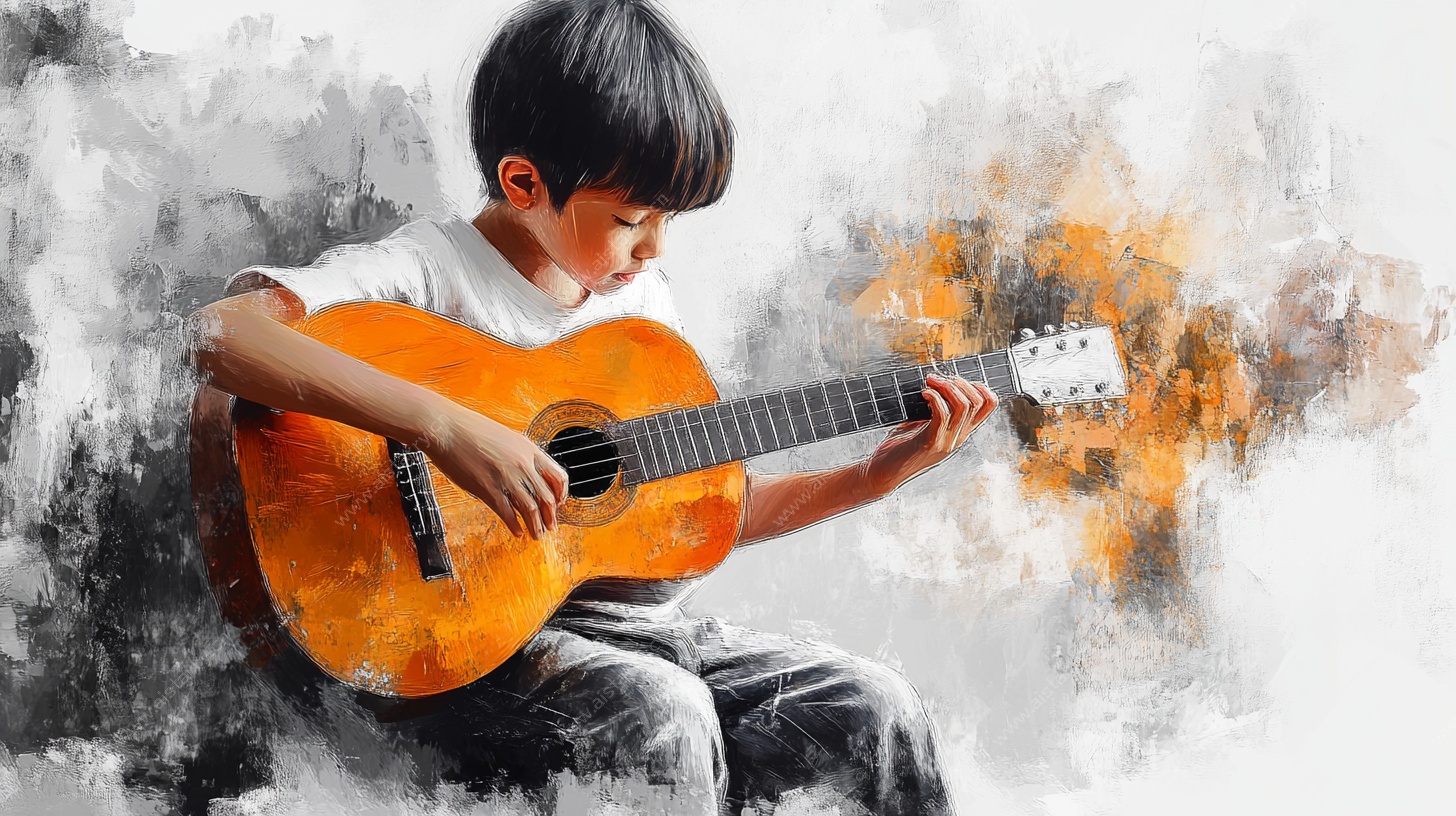 少年专注弹奏吉他画面