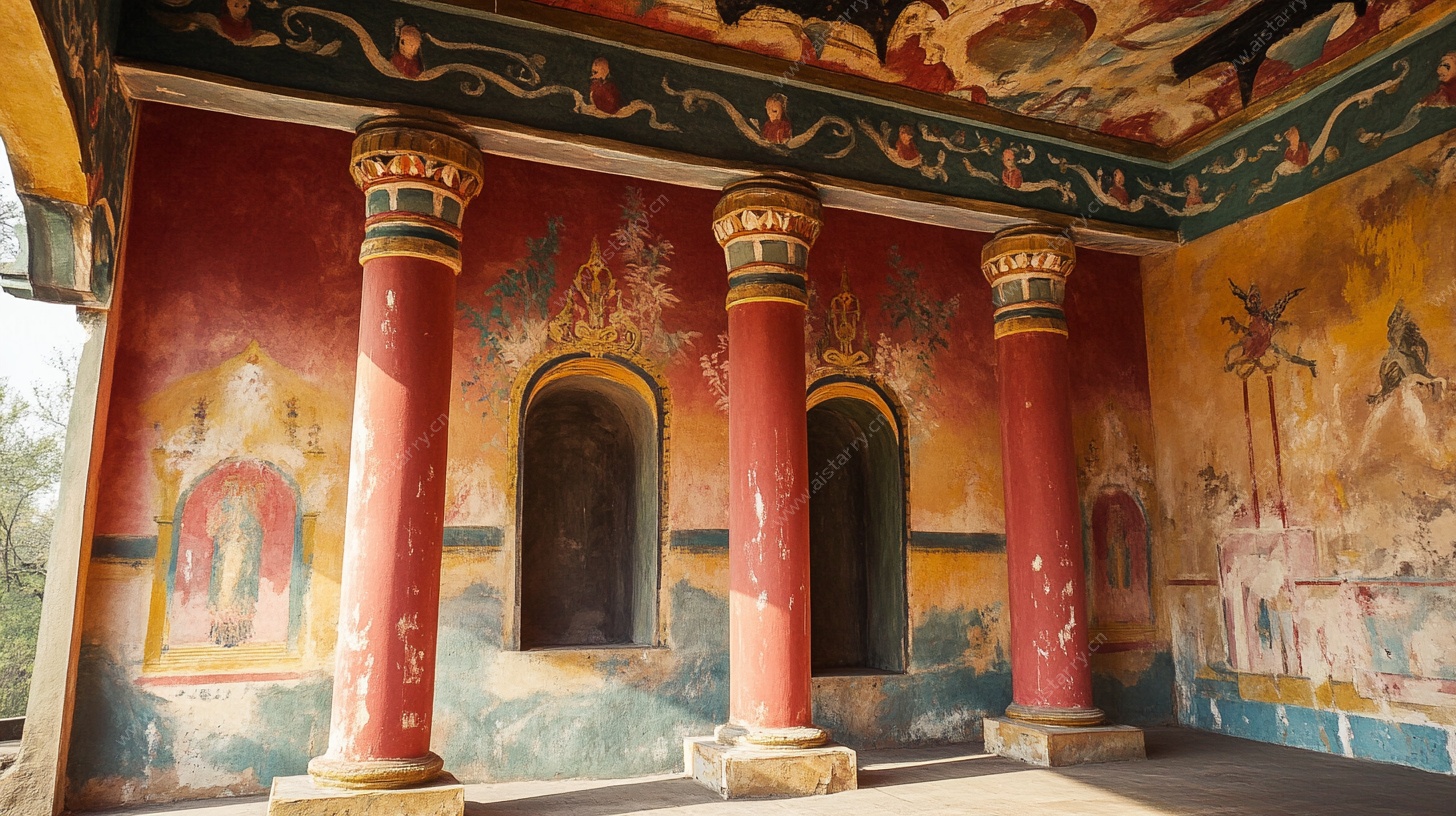 古老庙宇内色彩斑驳的廊柱