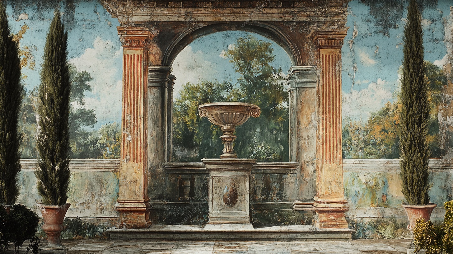 古典庭院喷泉壁画景观