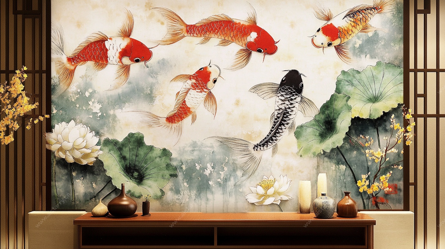 中式锦鲤荷花背景墙画