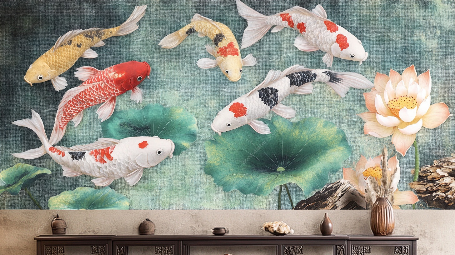 中式锦鲤荷花墙饰壁画