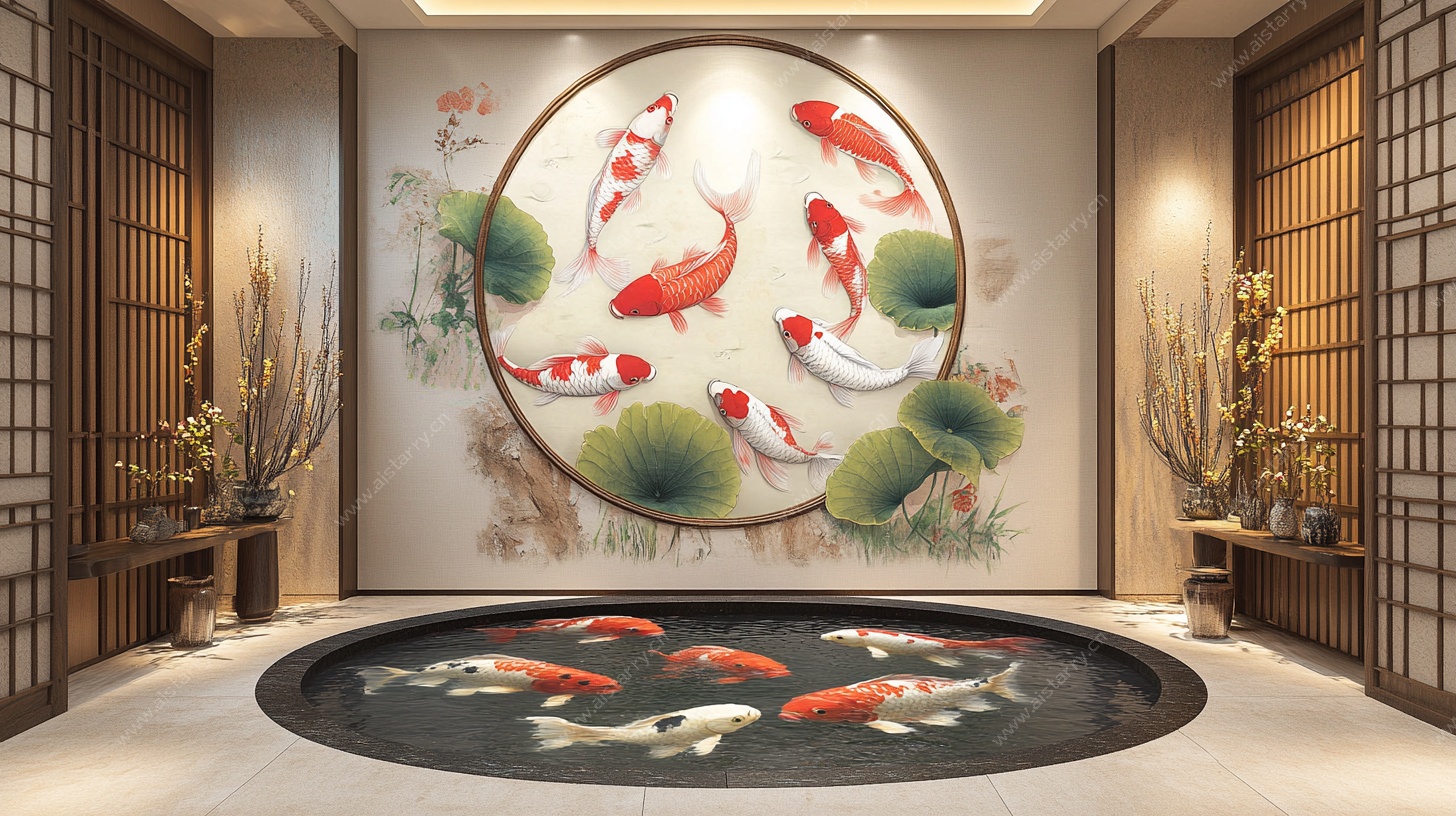 中式客厅锦鲤壁画景观