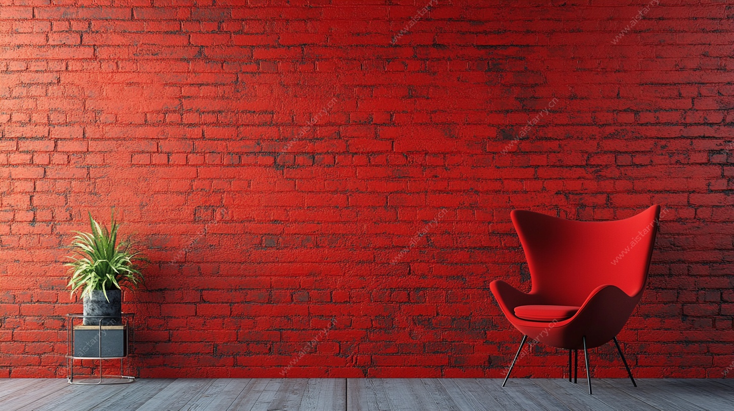 红砖墙前的红椅绿植