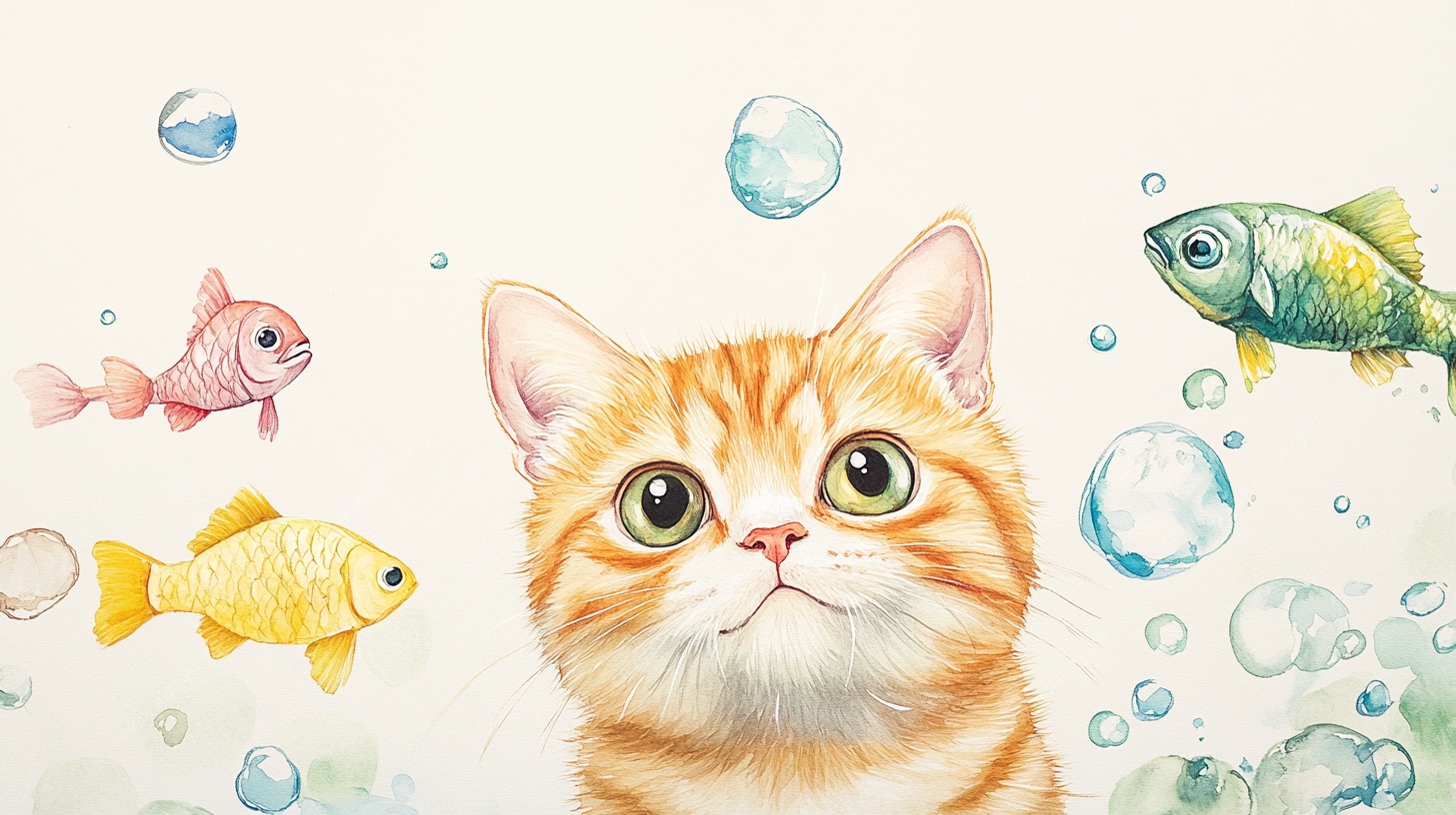 猫咪望鱼图