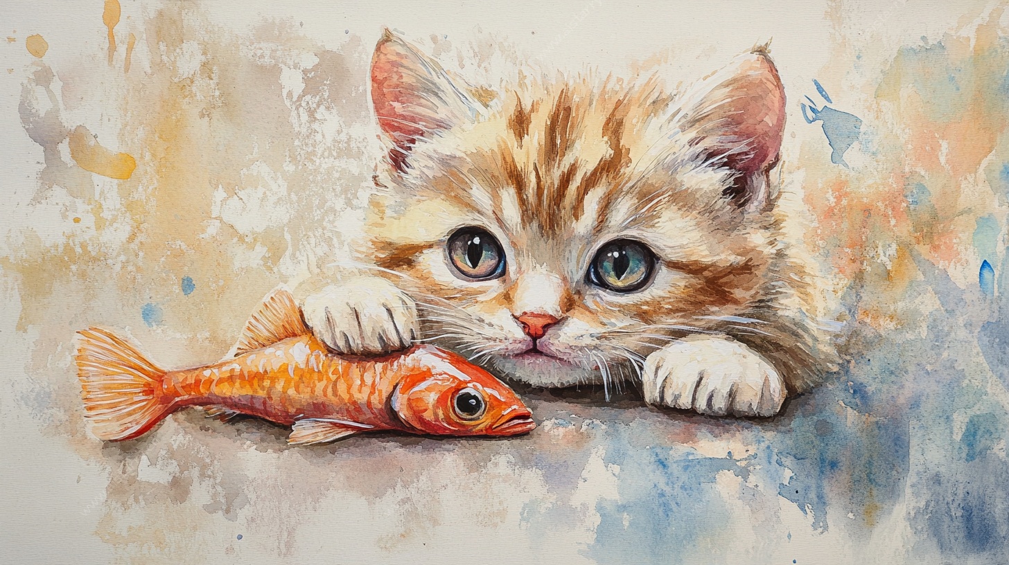 水彩小猫与鱼的温馨画面