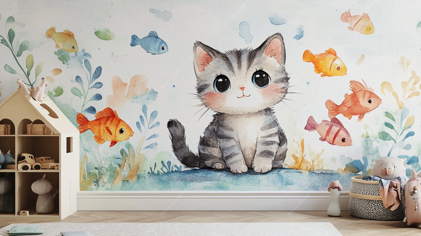 可爱猫咪与鱼儿童房壁画