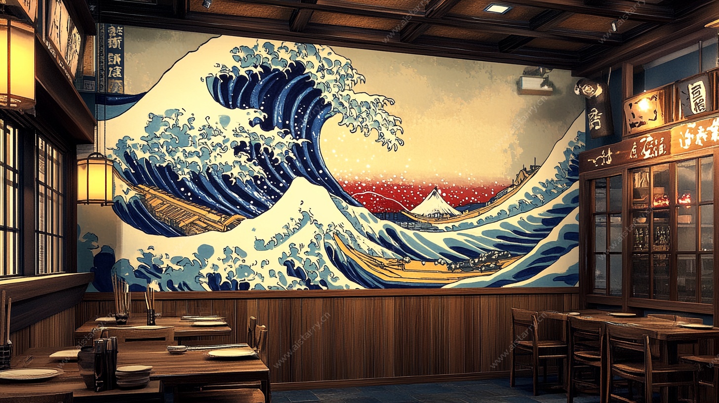 日式餐厅的神奈川冲浪里壁画