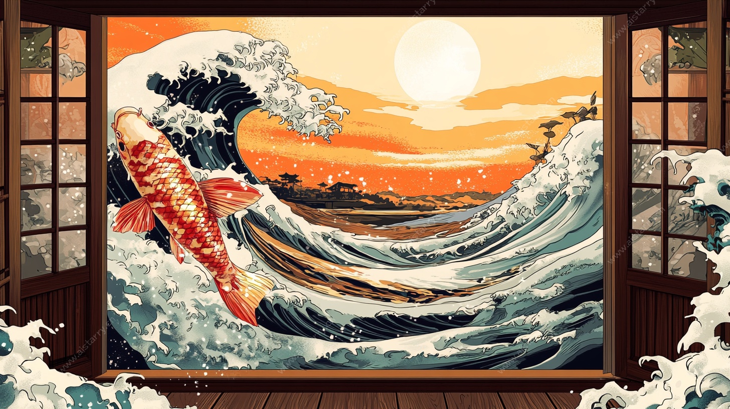 鲤鱼跃浪日式浮世绘风景