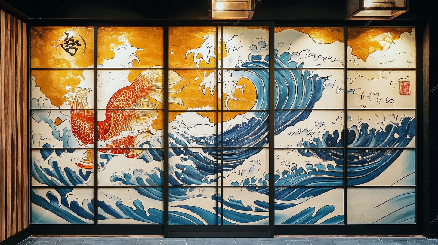 日式浮世绘风格海浪锦鲤墙
