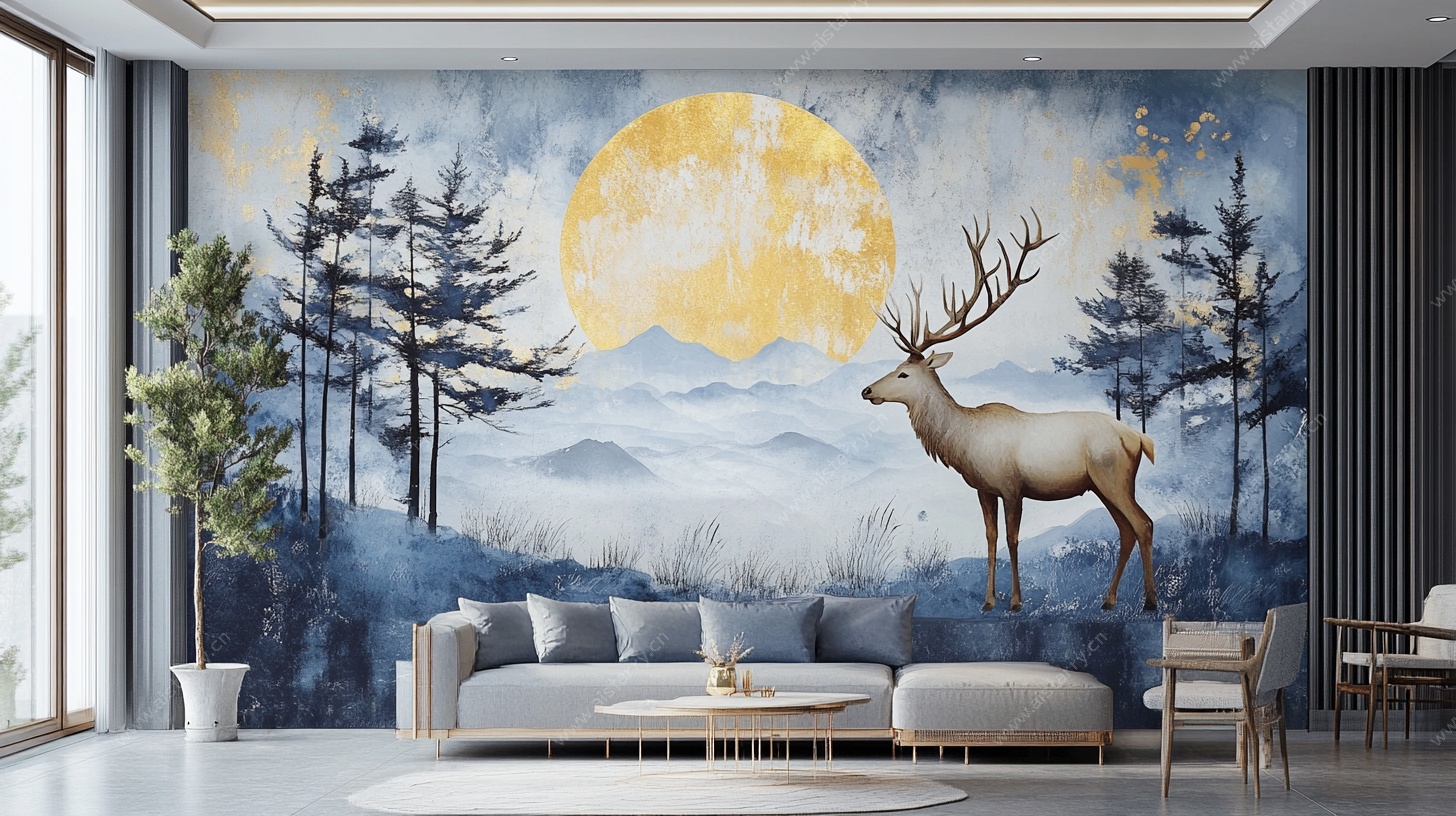 森林麋鹿壁画客厅装饰图