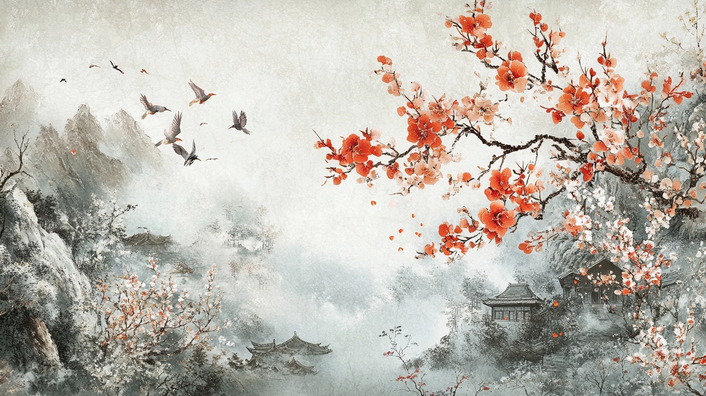 水墨红梅飞鸟山水图