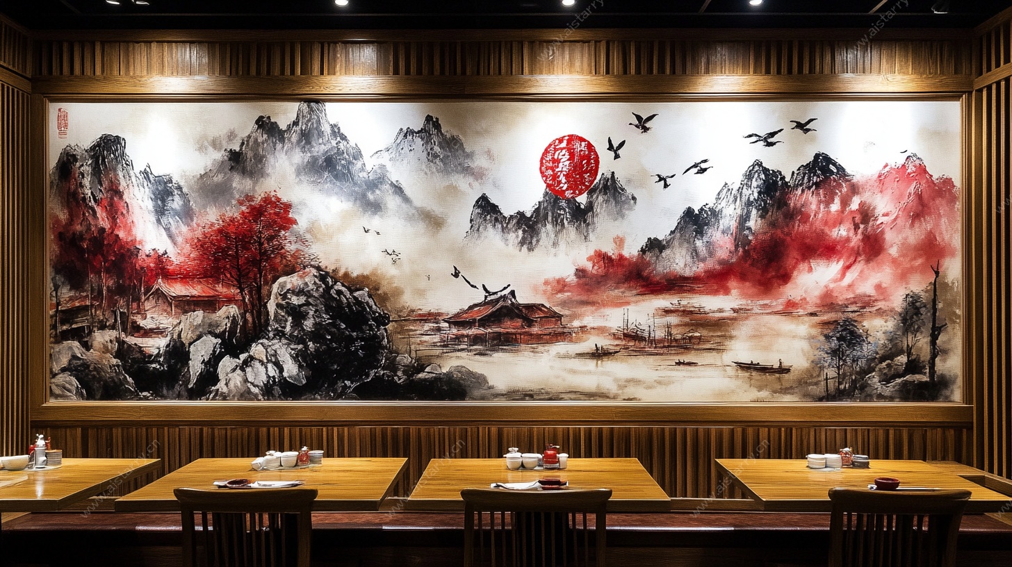 中式餐厅山水壁画装饰