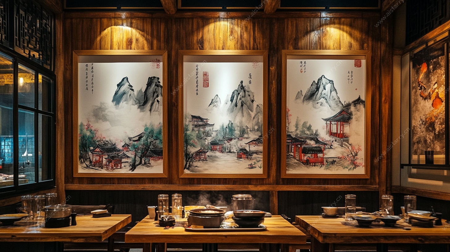 中式餐厅内景 雅致山水挂画