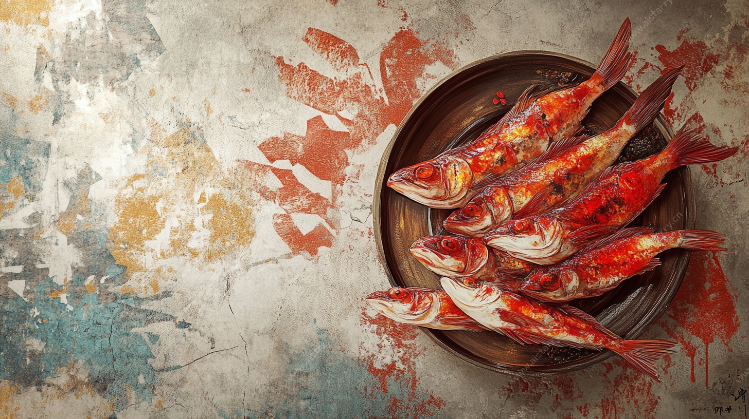 盘中红鱼 复古风静物图