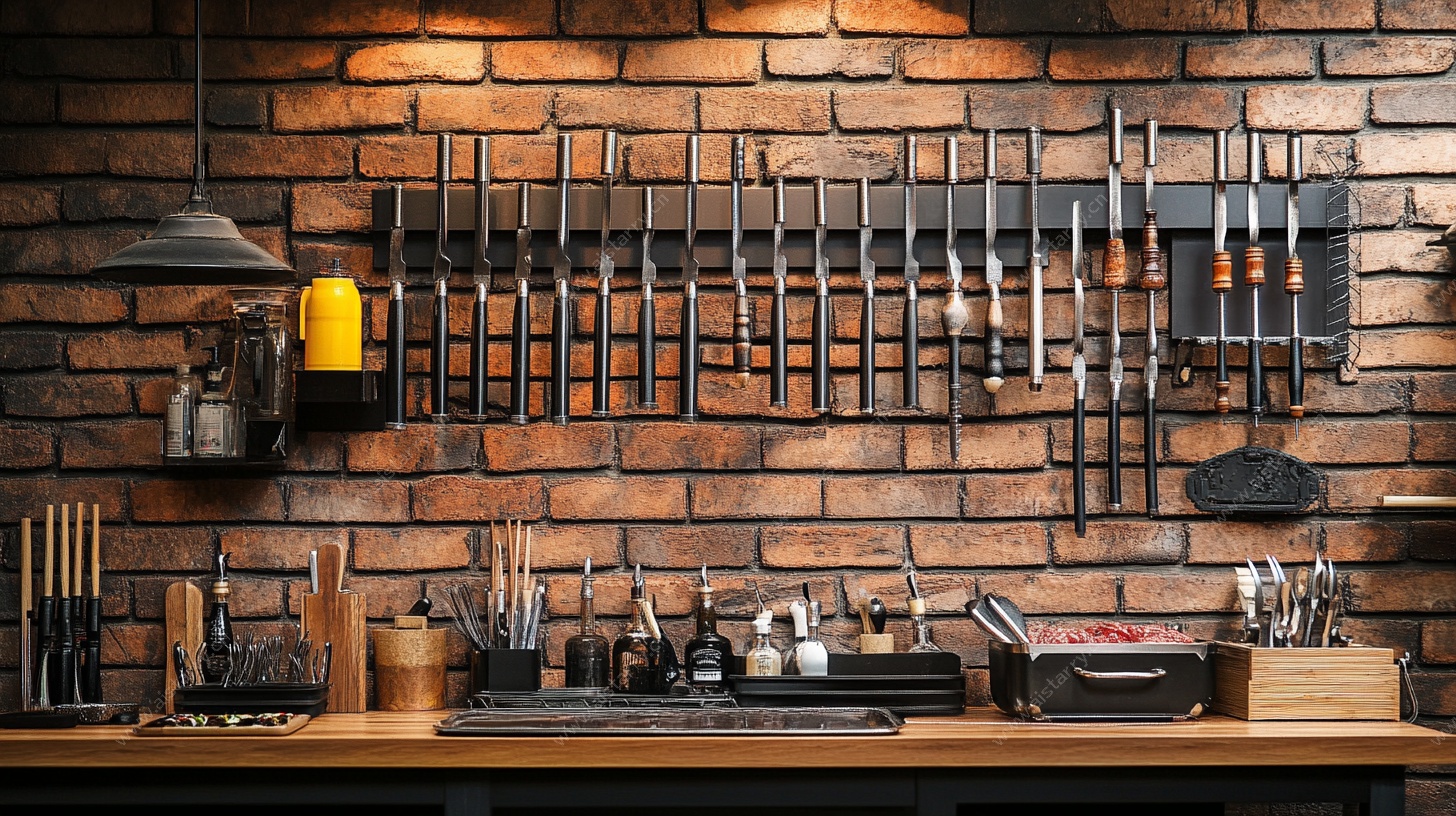 复古砖墙下的工具陈列