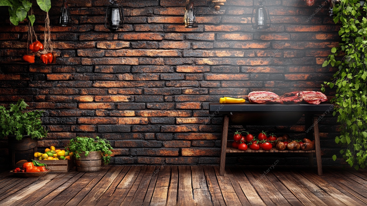 砖墙前的户外烧烤场景