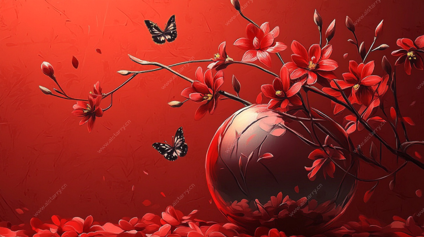 红韵花枝蝶影球形插画