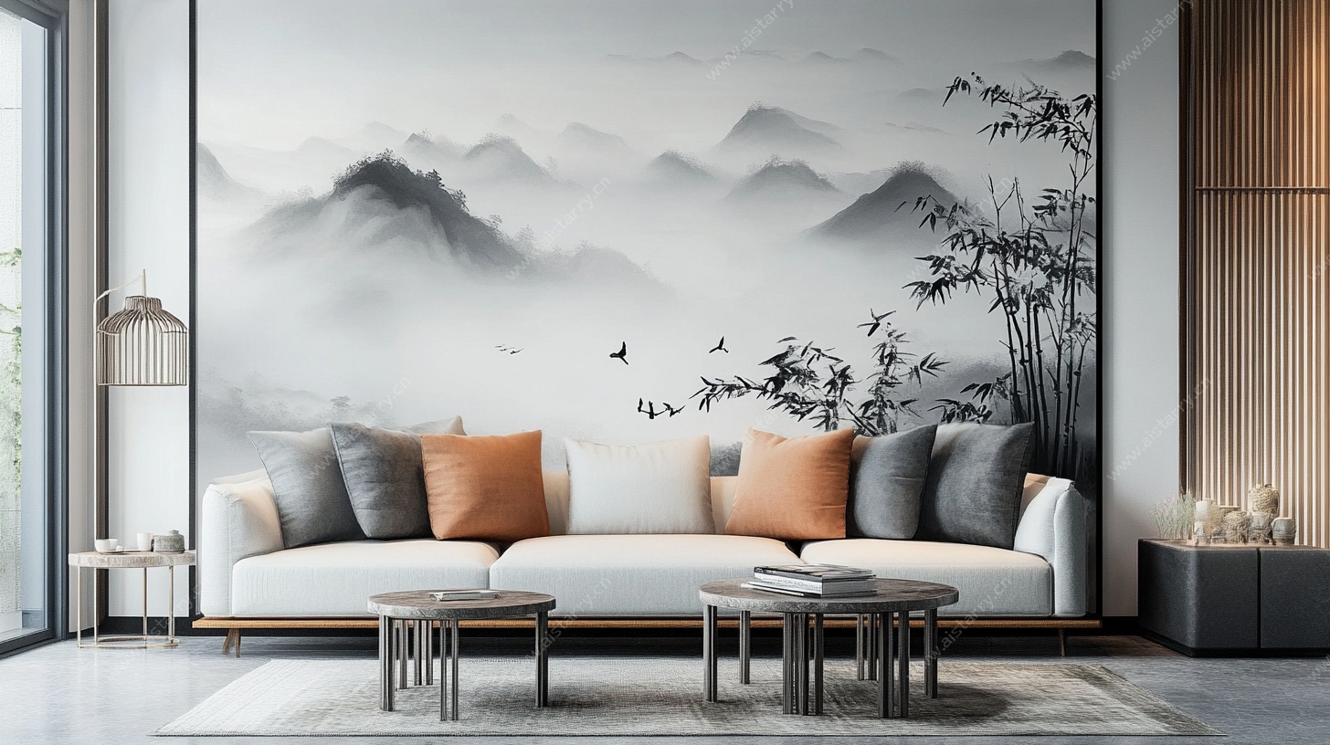 新中式客厅山水壁画沙发区