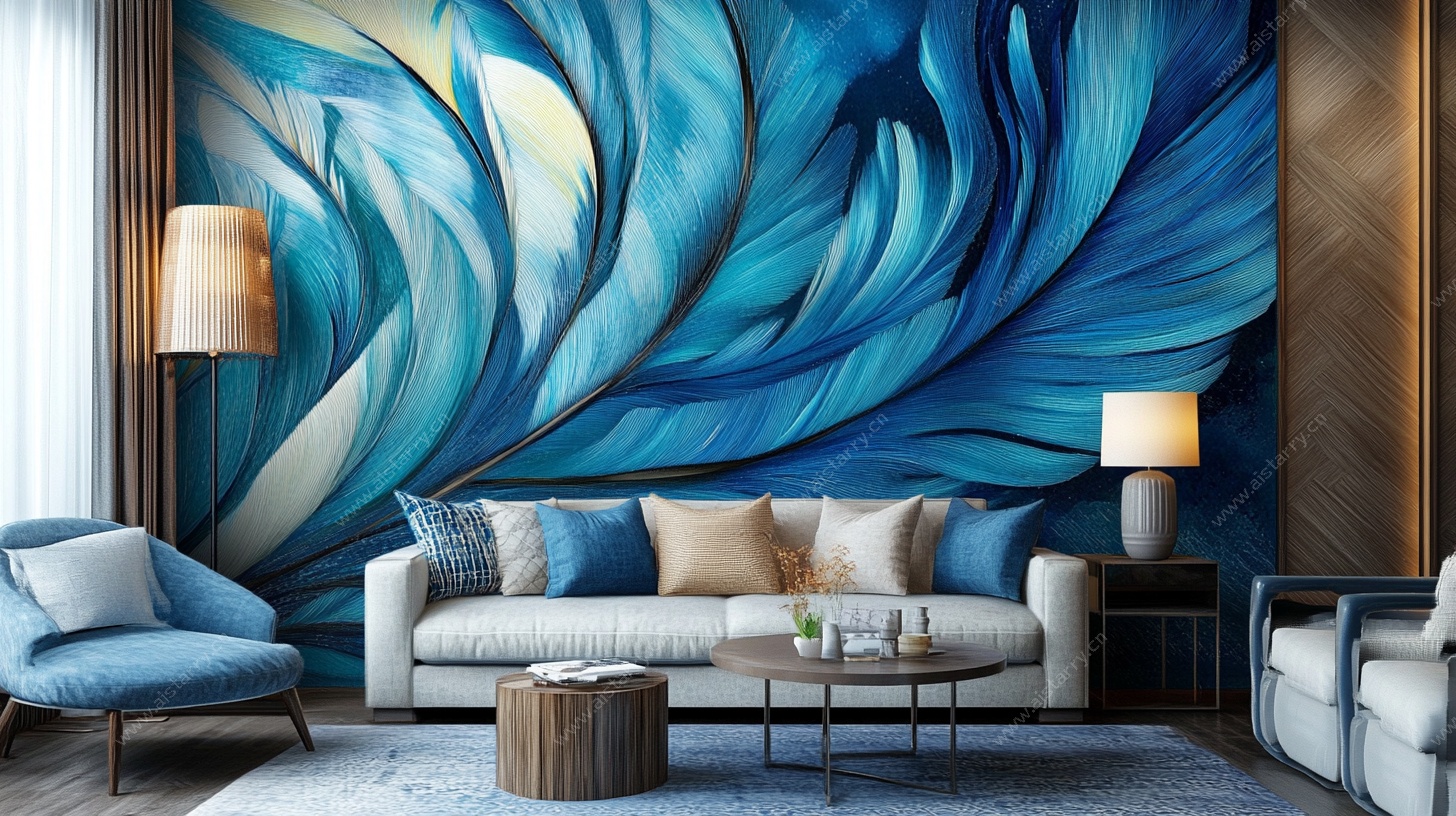 蓝色羽毛壁画客厅空间