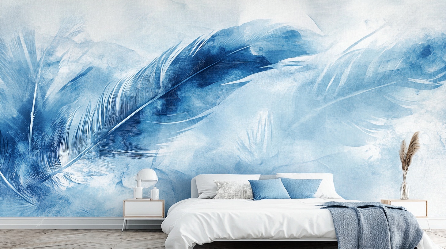 蓝色羽毛壁画卧室场景