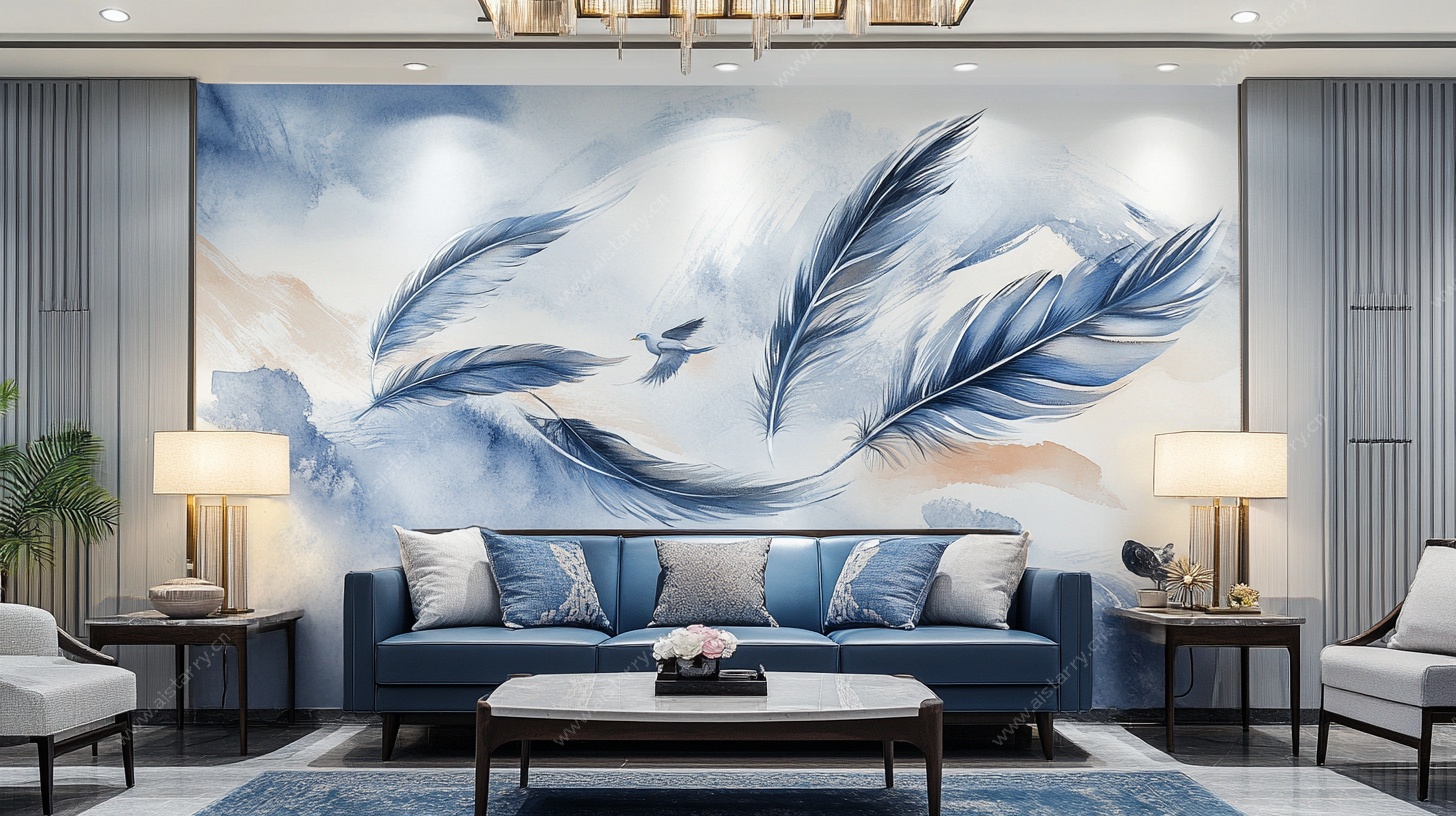 蓝羽主题客厅背景墙装饰