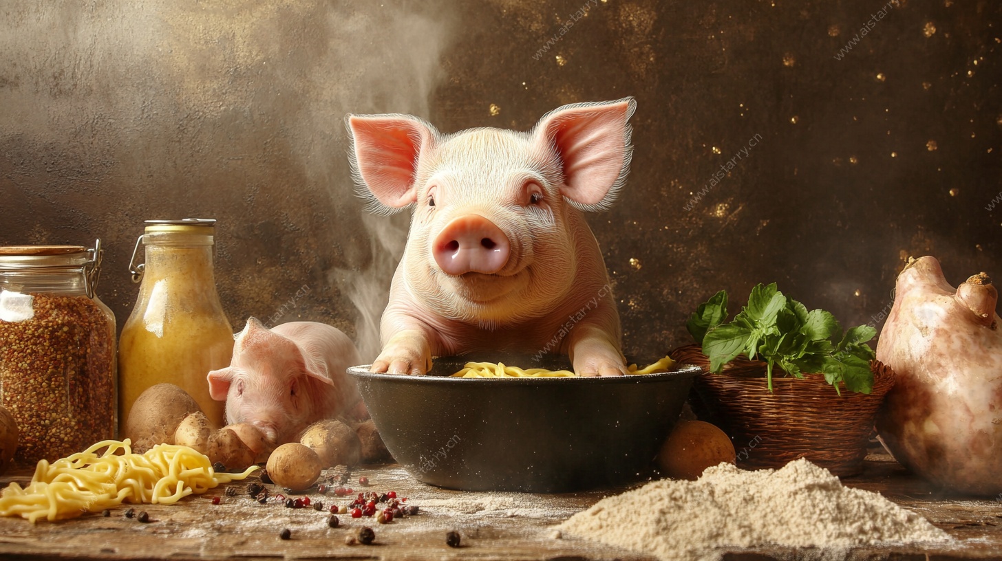 可爱小猪与厨房食材场景